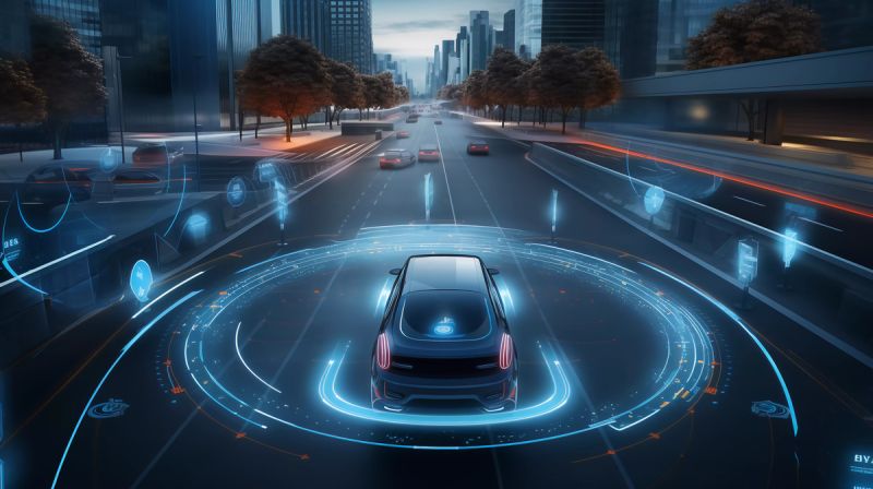 Projection of a car on a busy road with trees and skyscrapers around it