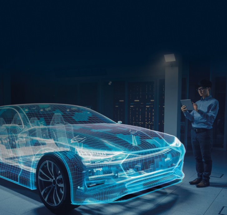 Engineer with ipad working on prototype through futuristic projection of a machine