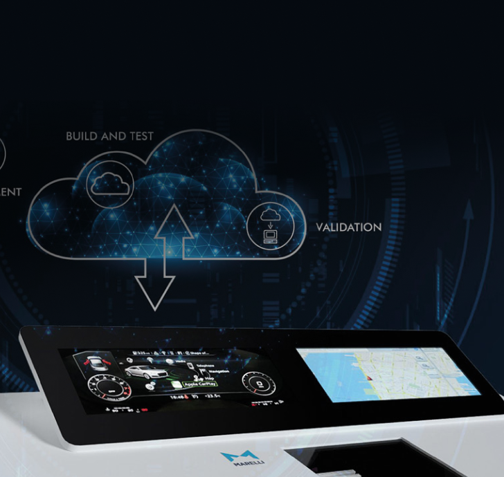 Dashboard with a map inside and a display with the performance of a car and logos above that summarize the development phases between: development, build and test and validation.