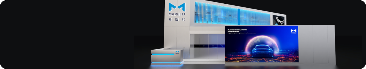 Trade show booth with Marelli branding, featuring a modern white display structure and a large digital screen showing a stylized blue car graphic on a dark background.